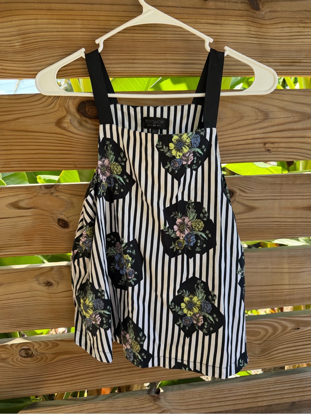 Topshop' Black & White Striped Floral Pinafore Dress